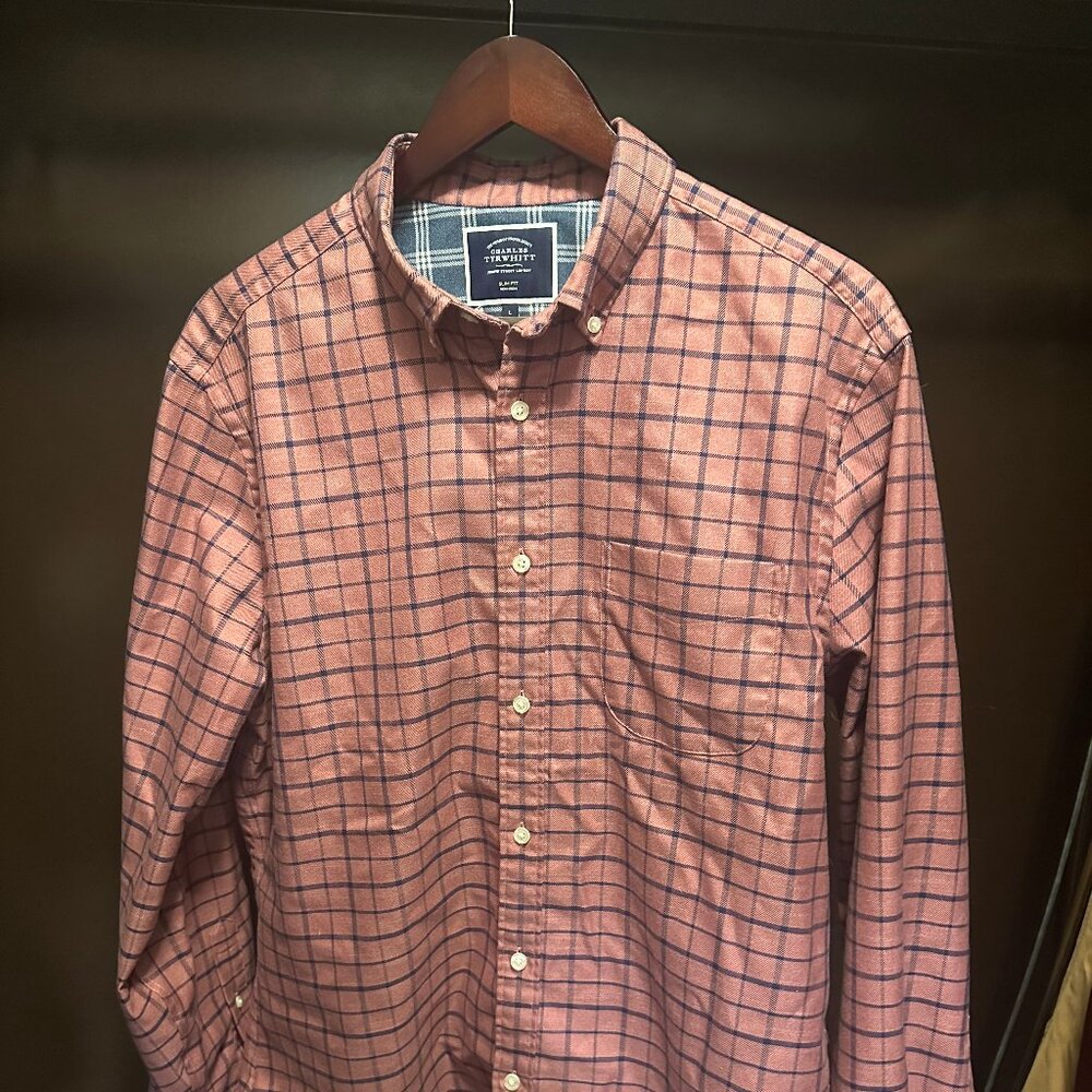 Charles Tyrwhitt | Non-Iron Twill Grid Check Shirt | Large | Slim | Pink